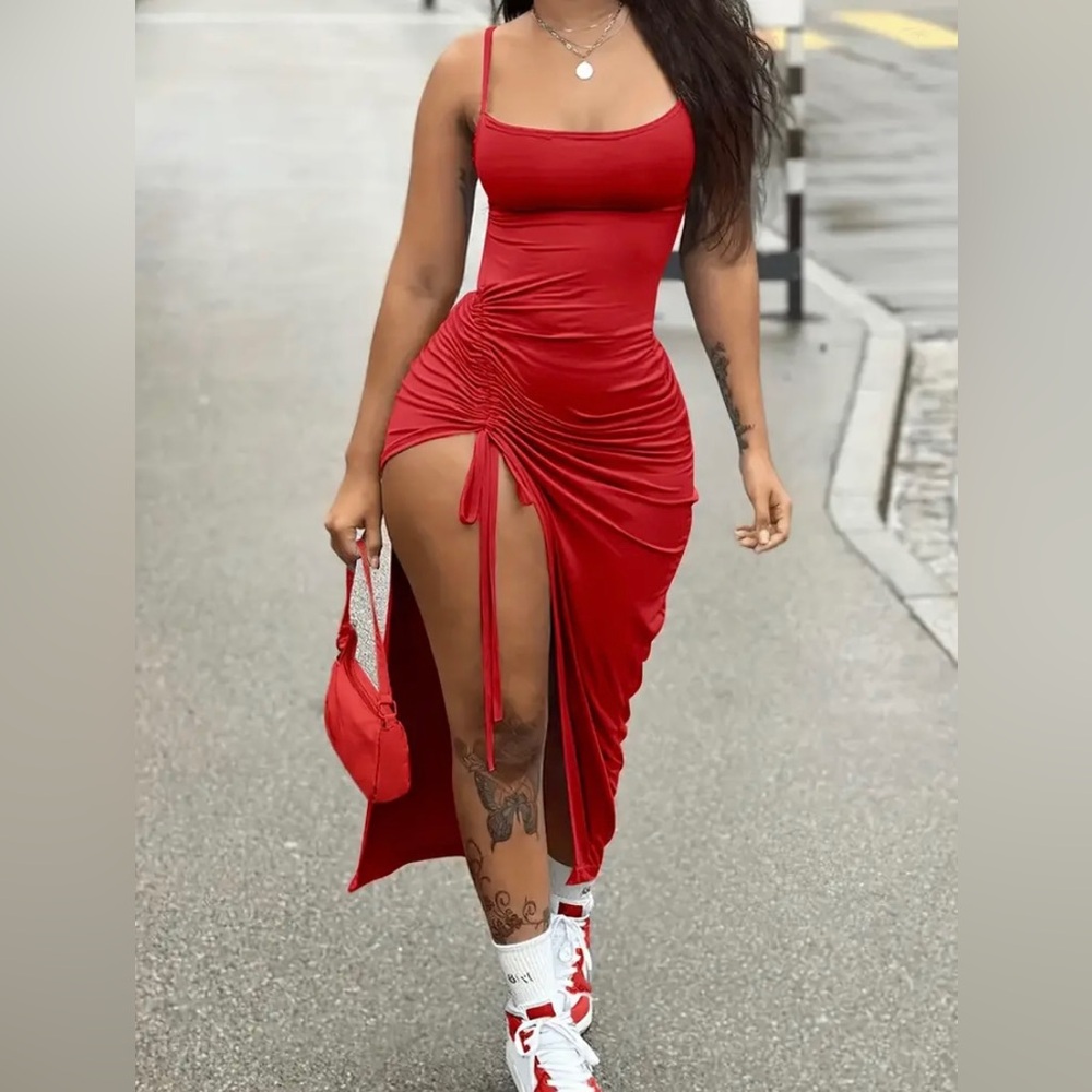 Spaghetti Strap Bodycon Dress With Ruched Leg Slit